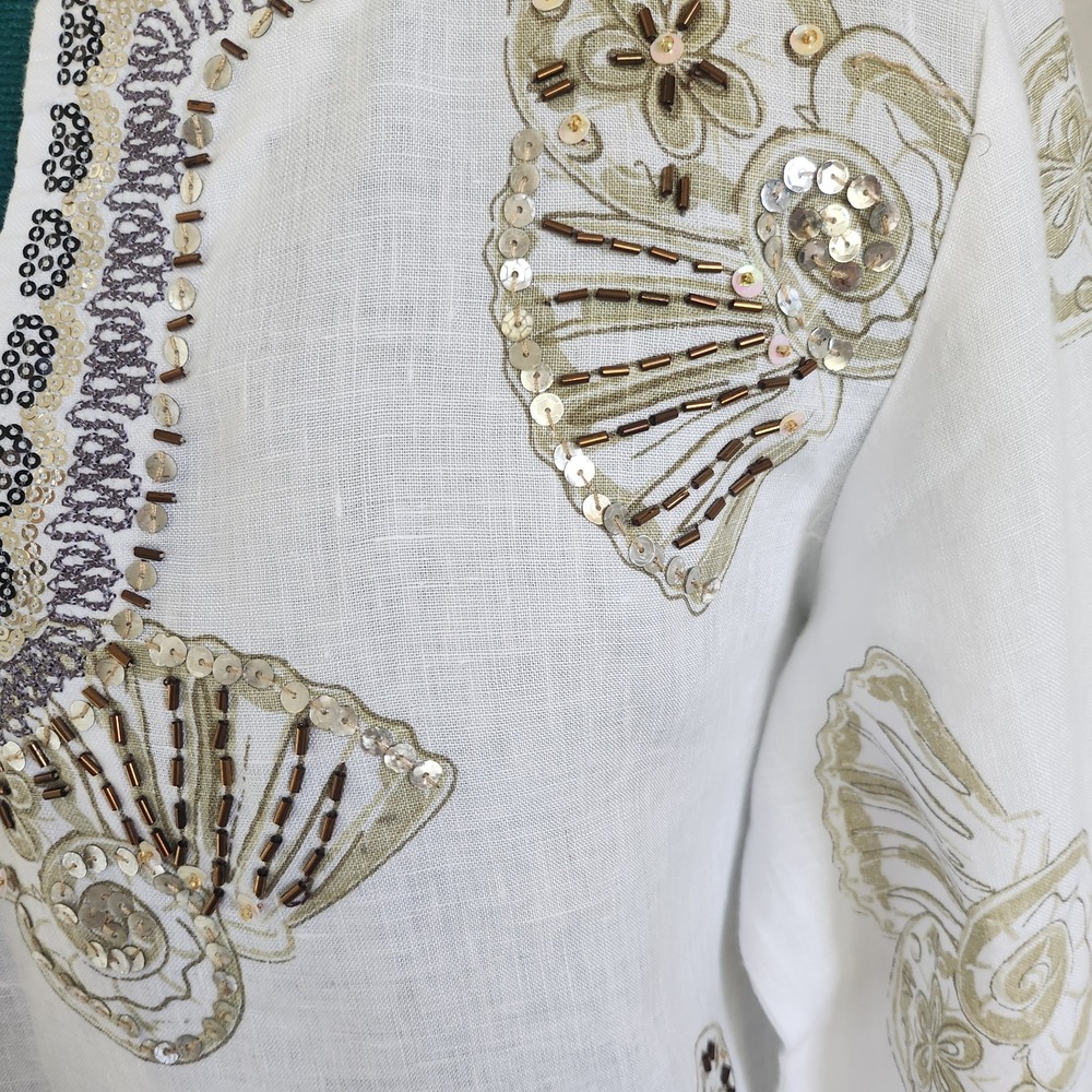 Lulu B Tunic Womens S White Linen Sequin Seashell Coastal Resort - Picture 3 of 9
